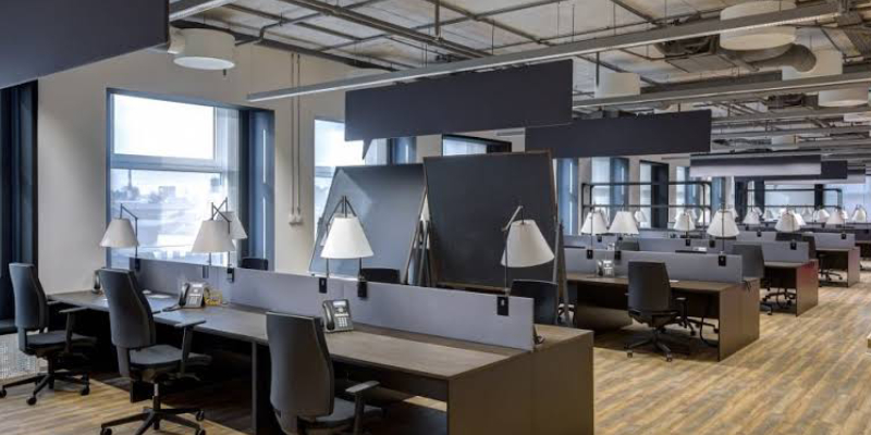 Interior Of Empty Modern Open Plan Office Workspace.